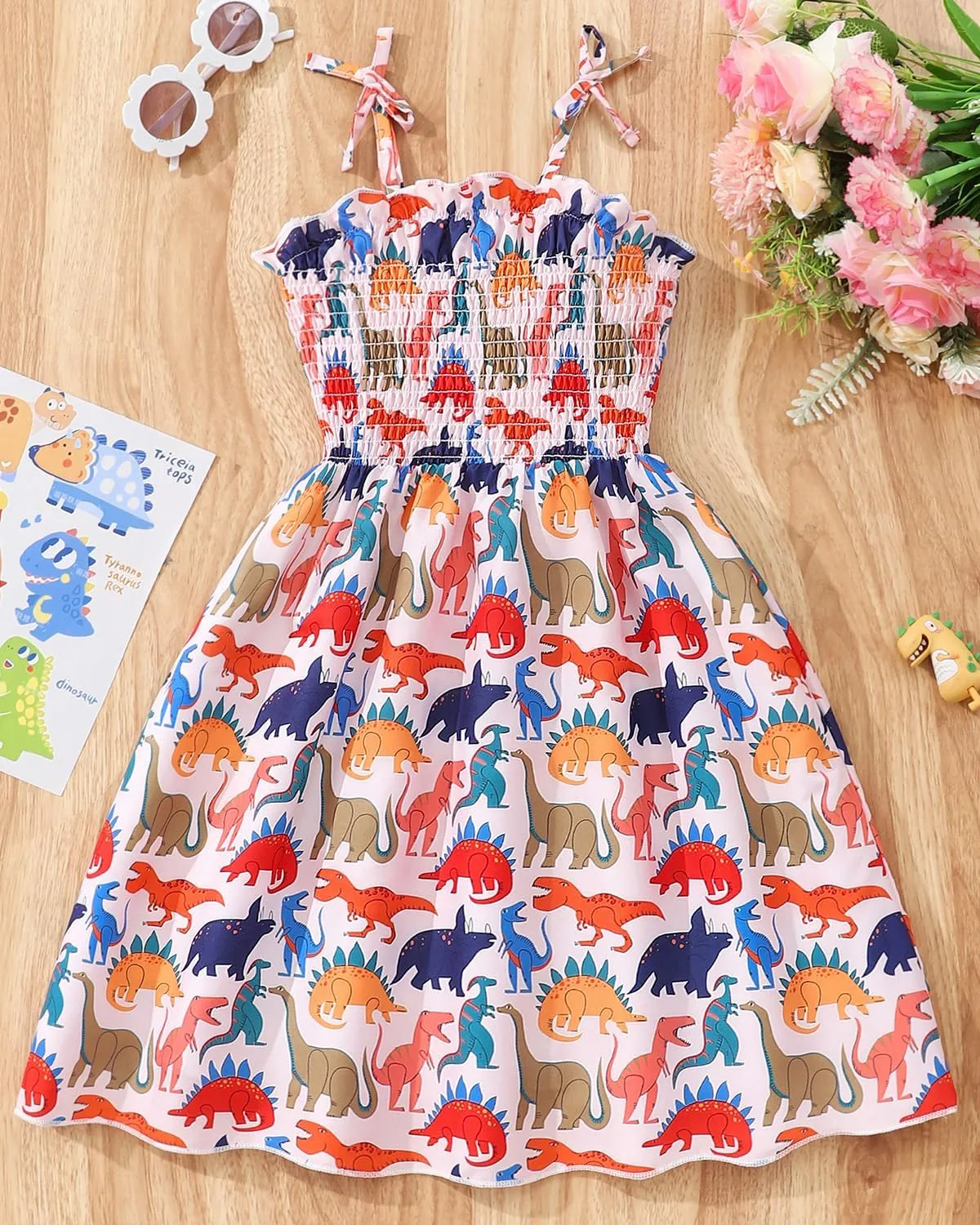 CM-Kid Toddler Girl Sleeveless Dinosaur Sunflower Dresses Summer Beach Outfit Strawberry Butterfly Ladybugs Sundress