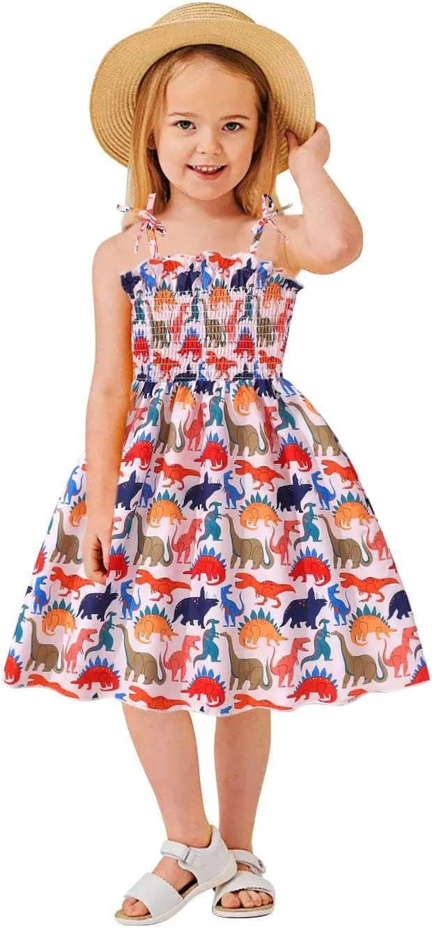 CM-Kid Toddler Girl Sleeveless Dinosaur Sunflower Dresses Summer Beach Outfit Strawberry Butterfly Ladybugs Sundress