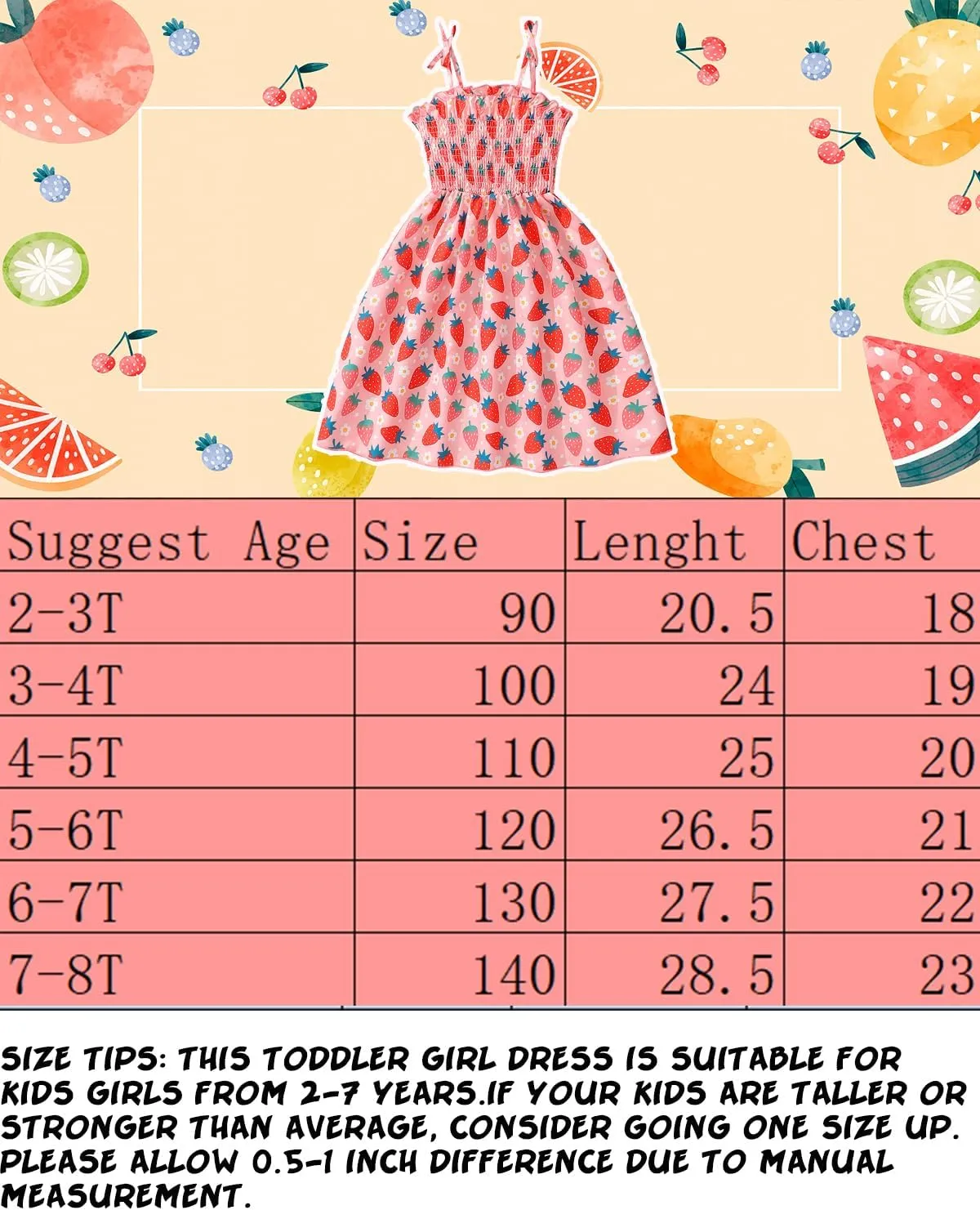 CM-Kid Toddler Girl Sleeveless Dinosaur Sunflower Dresses Summer Beach Outfit Strawberry Butterfly Ladybugs Sundress