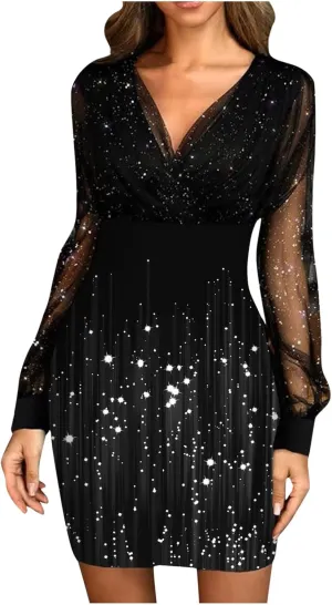 Cocktail Dress for Women,2024 Elegant Sexy Wrap V Neck Skinny Party Dress,Trendy Mesh Patchwork Long Sleeve Dress