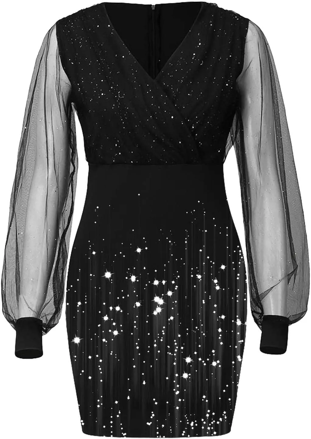 Cocktail Dress for Women,2024 Elegant Sexy Wrap V Neck Skinny Party Dress,Trendy Mesh Patchwork Long Sleeve Dress