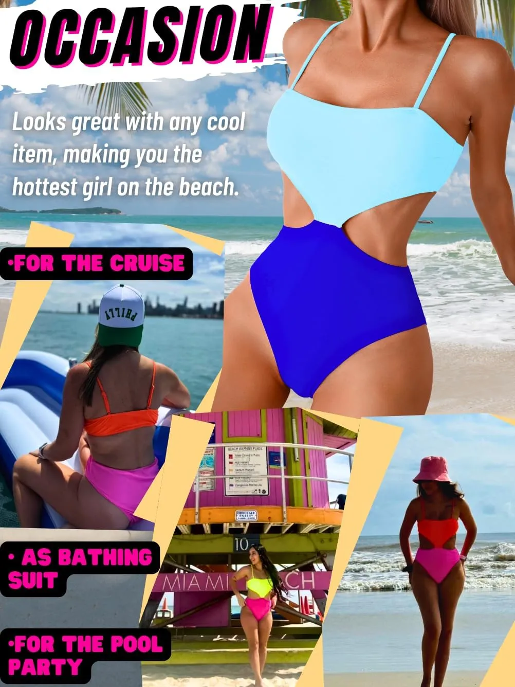Color Block Swimsuit,Cut Out Sexy Monokini Women,Cheeky One Piece Swimsuits Beach Cruise Pool Party