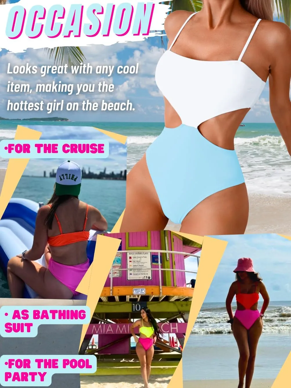 Color Block Swimsuit,Cut Out Sexy Monokini Women,Cheeky One Piece Swimsuits Beach Cruise Pool Party