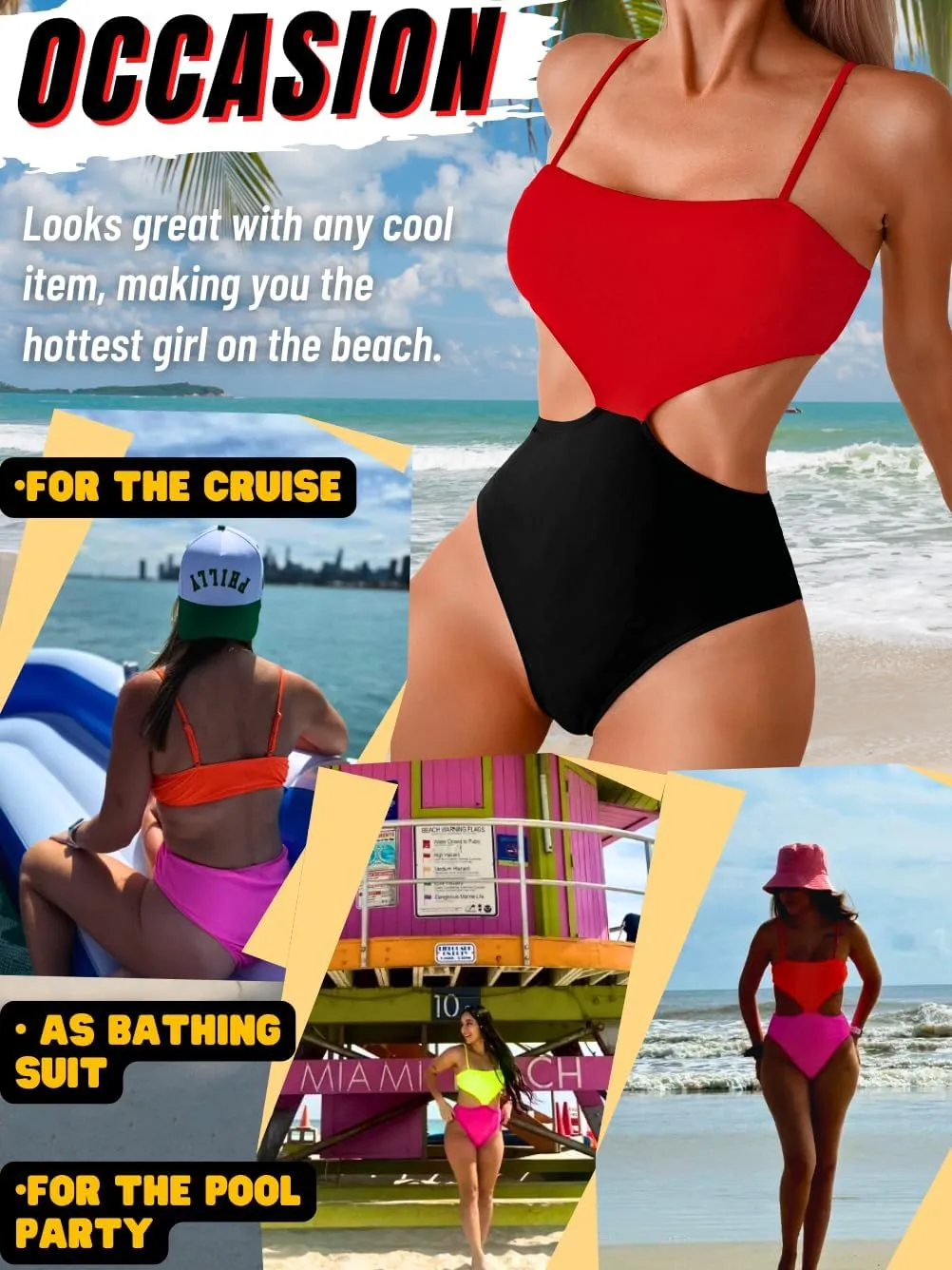 Color Block Swimsuit,Cut Out Sexy Monokini Women,Cheeky One Piece Swimsuits Beach Cruise Pool Party