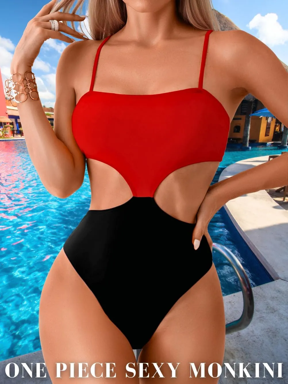 Color Block Swimsuit,Cut Out Sexy Monokini Women,Cheeky One Piece Swimsuits Beach Cruise Pool Party