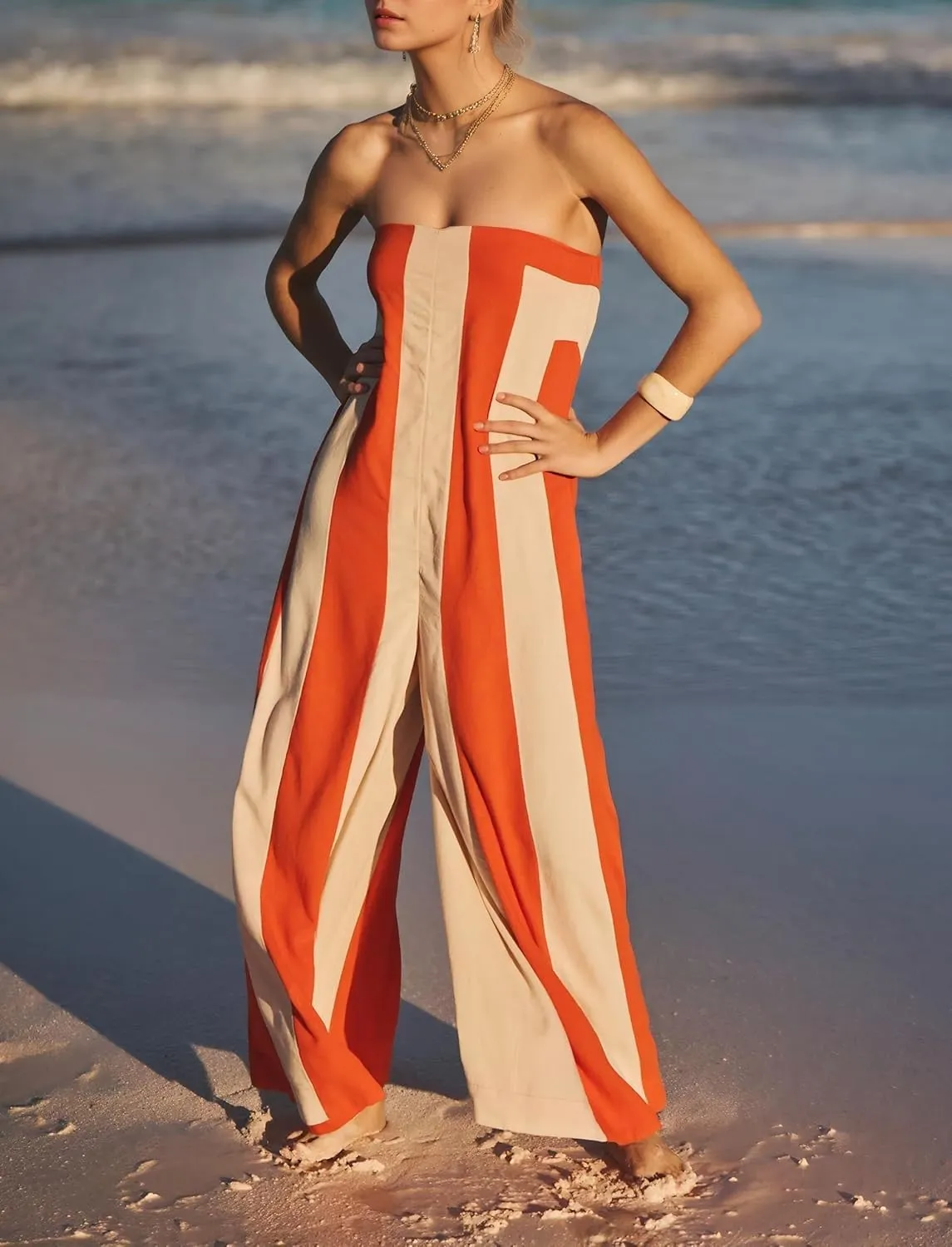 Comfy Wide Leg Jumpsuits For Women Summer Casual Strapless Striped Romper Loose Sleeveless Beach Outfits with Pockets