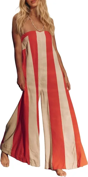 Comfy Wide Leg Jumpsuits For Women Summer Casual Strapless Striped Romper Loose Sleeveless Beach Outfits with Pockets