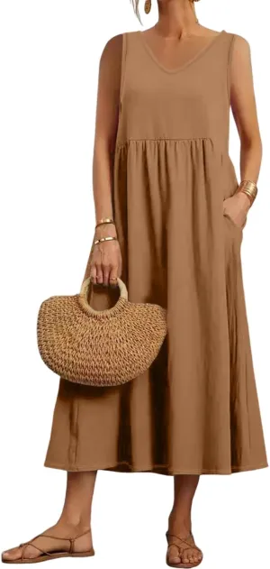 Costaric Cotton Dress for Women 2025 Summer Cotton Linen 3/4 Sleeve Midi Dress Casual Loose Beach Dress with Pockets