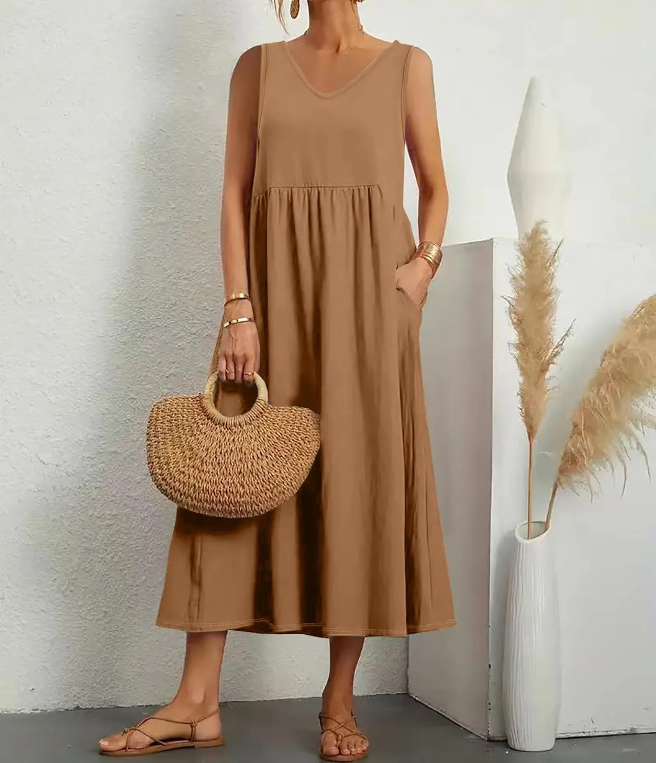 Costaric Cotton Dress for Women 2025 Summer Cotton Linen 3/4 Sleeve Midi Dress Casual Loose Beach Dress with Pockets