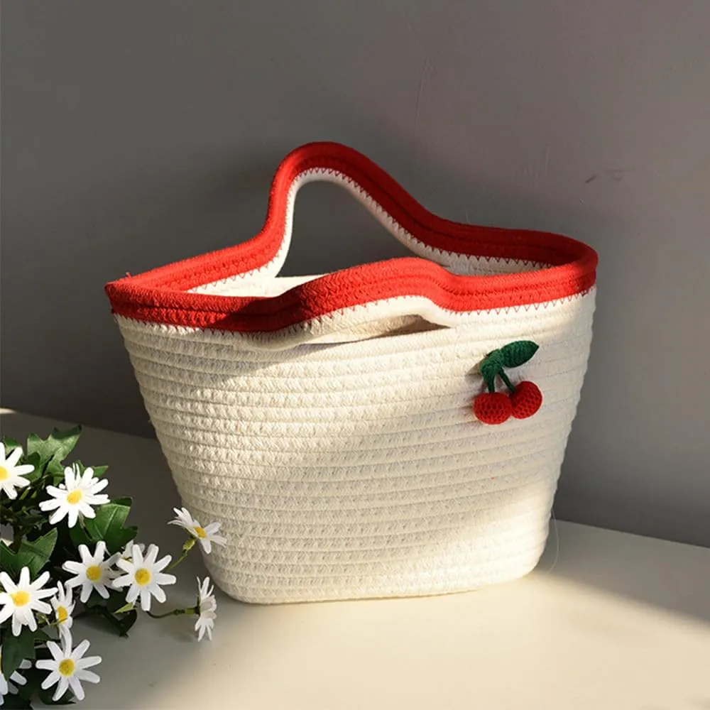 Cotton Bucket Bags For Women Travel Beach Totes Bag Cherry Woven Summer Tote Handmade Straw Beach Hobo Tote Handbag