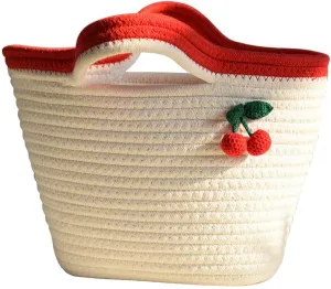 Cotton Bucket Bags For Women Travel Beach Totes Bag Cherry Woven Summer Tote Handmade Straw Beach Hobo Tote Handbag