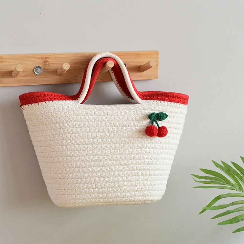 Cotton Bucket Bags For Women Travel Beach Totes Bag Cherry Woven Summer Tote Handmade Straw Beach Hobo Tote Handbag