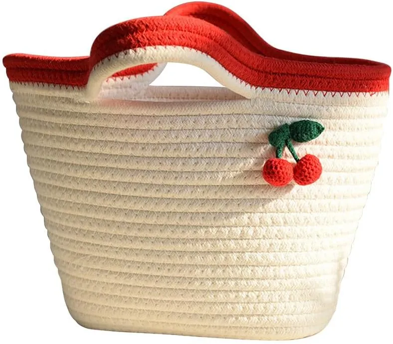 Cotton Bucket Bags For Women Travel Beach Totes Bag Cherry Woven Summer Tote Handmade Straw Beach Hobo Tote Handbag