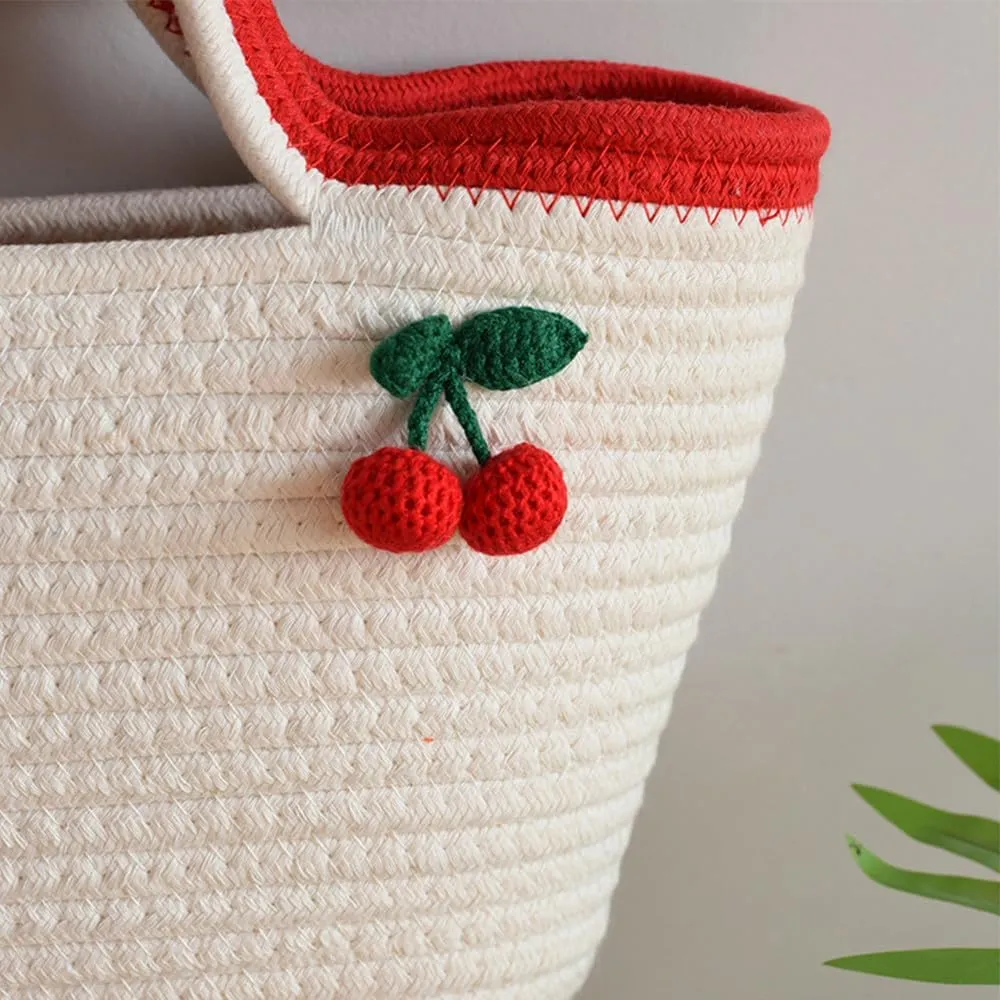Cotton Bucket Bags For Women Travel Beach Totes Bag Cherry Woven Summer Tote Handmade Straw Beach Hobo Tote Handbag
