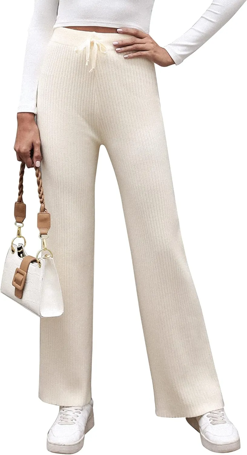 Cowasto Women's Casual Ribbed Knit Pants Elastic Waist Tie Front Wide Leg Sweater Pants