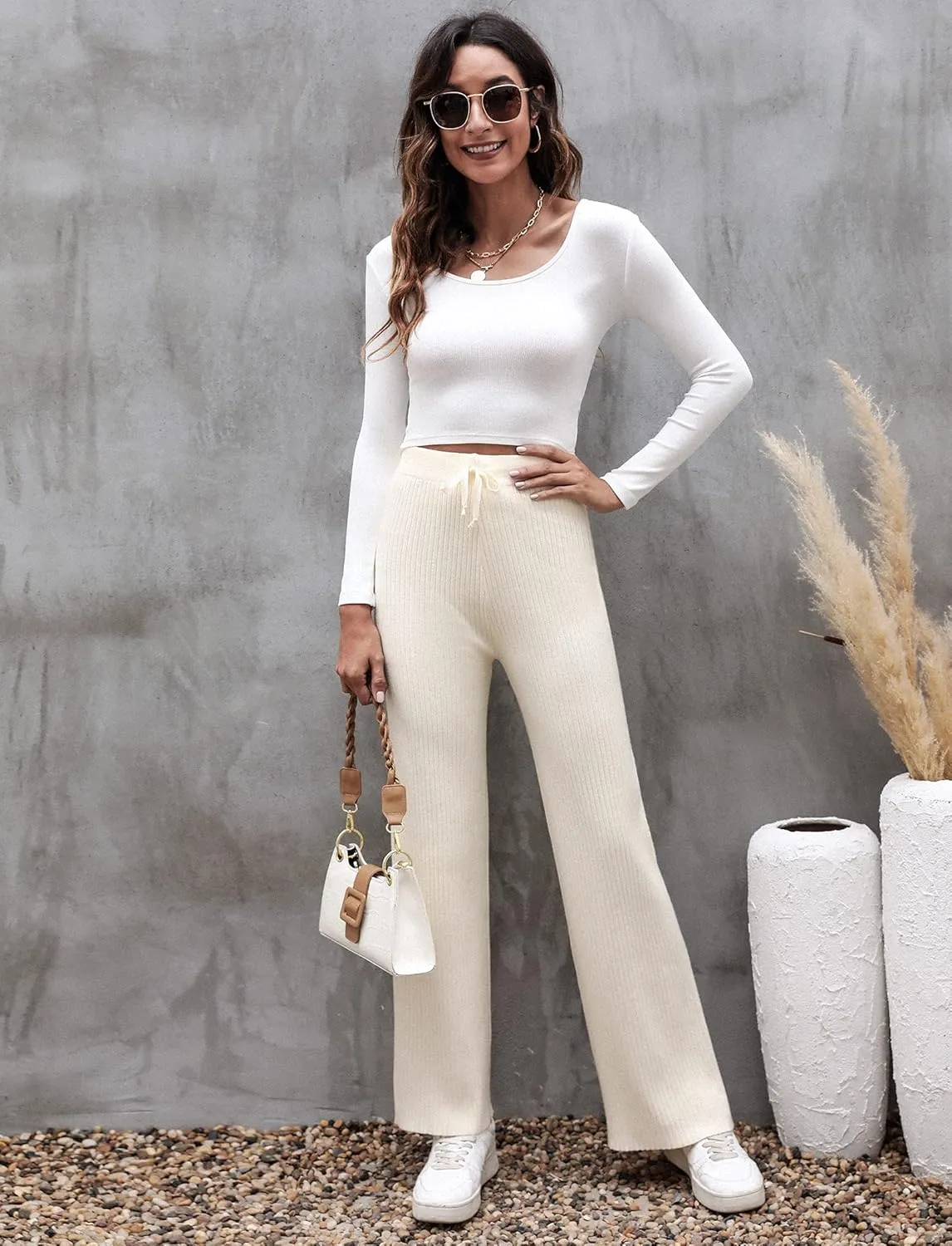 Cowasto Women's Casual Ribbed Knit Pants Elastic Waist Tie Front Wide Leg Sweater Pants