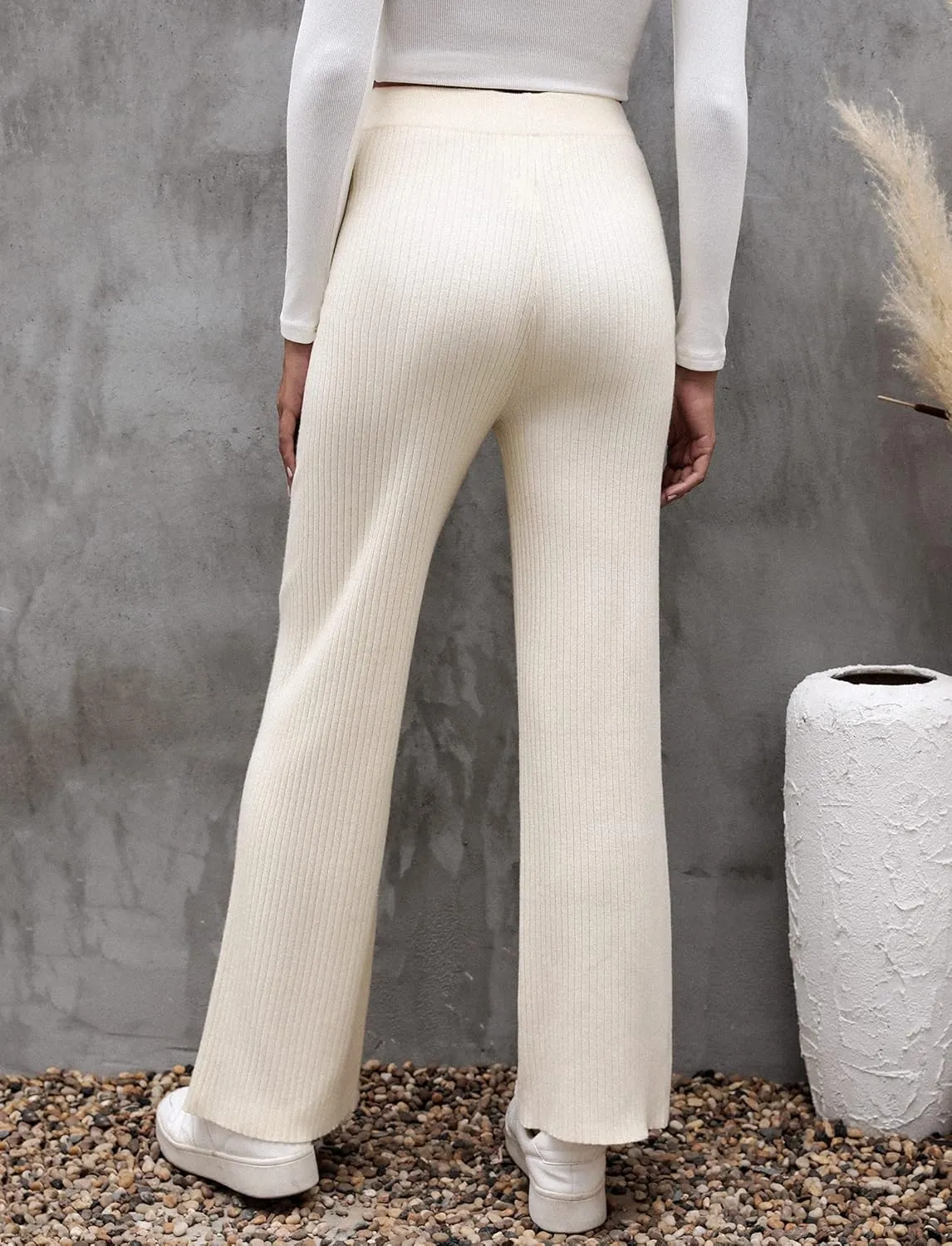 Cowasto Women's Casual Ribbed Knit Pants Elastic Waist Tie Front Wide Leg Sweater Pants