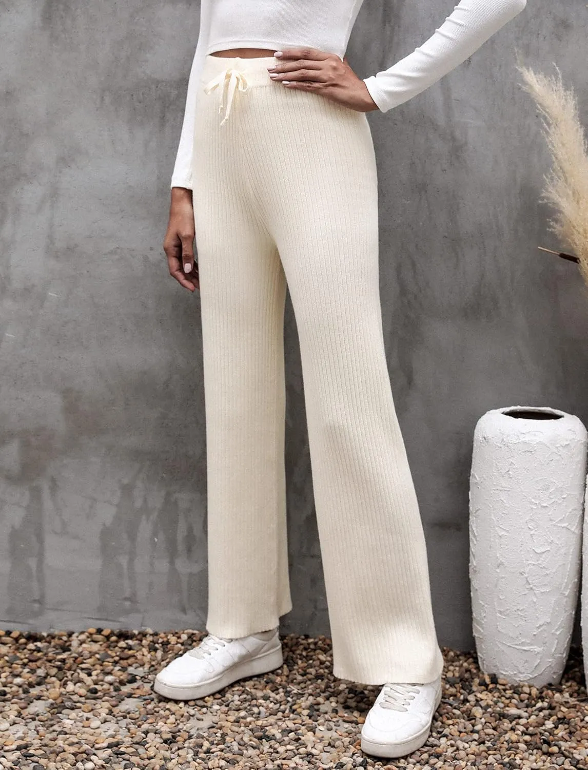 Cowasto Women's Casual Ribbed Knit Pants Elastic Waist Tie Front Wide Leg Sweater Pants