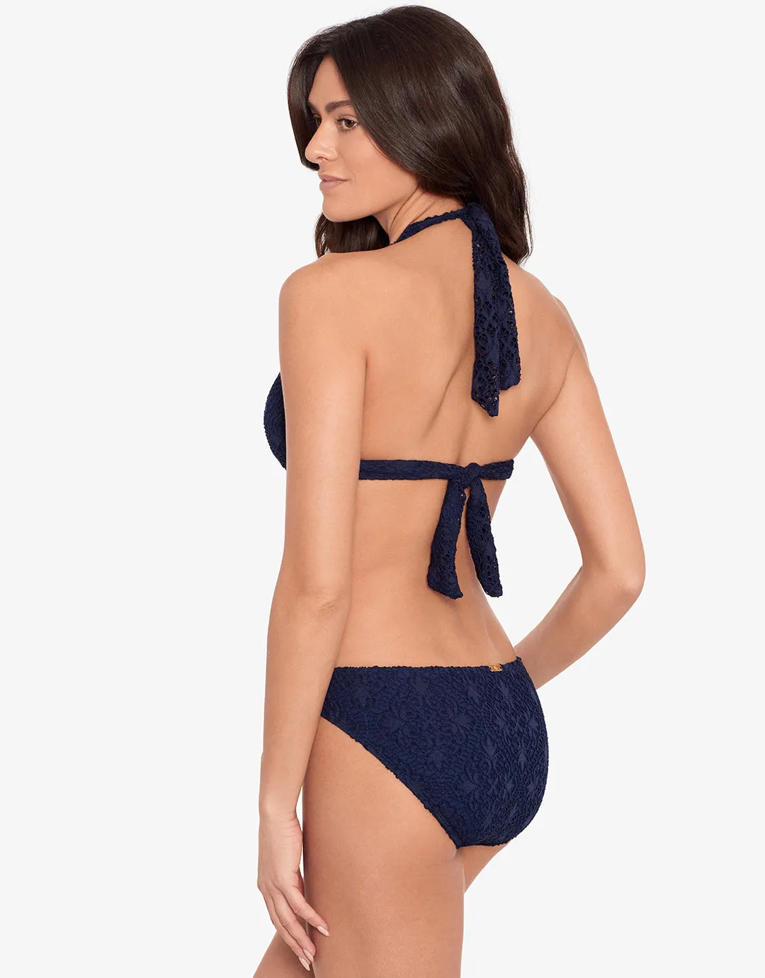 Crochet Rattan Ring Halter Bikini Top - Navy