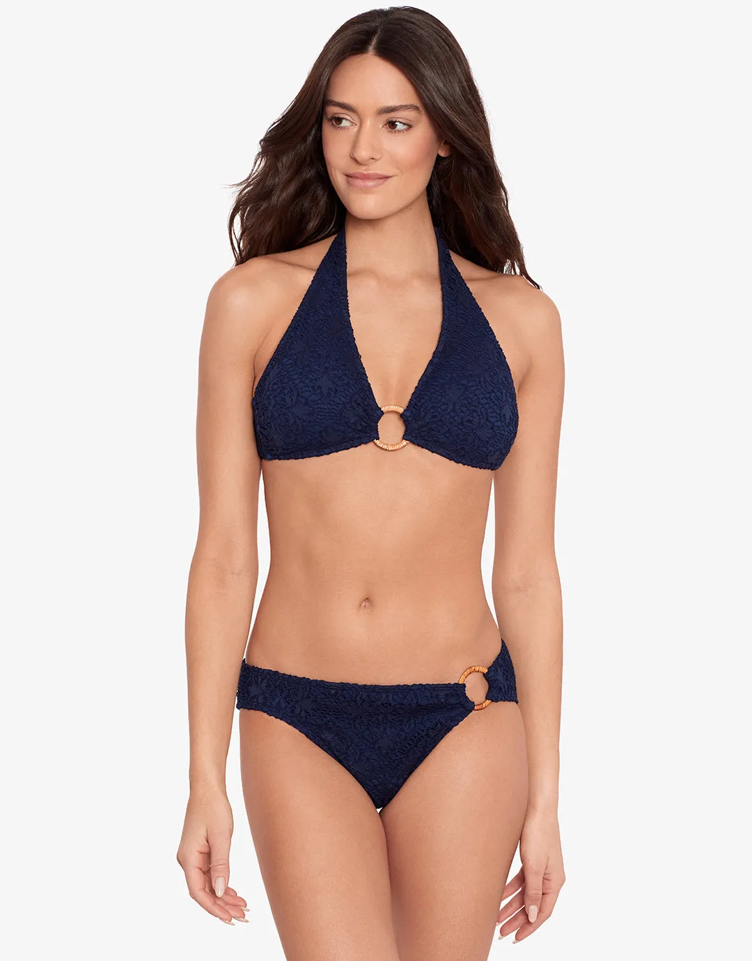 Crochet Rattan Ring Halter Bikini Top - Navy