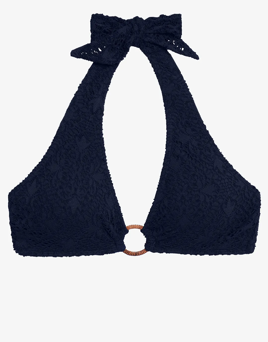 Crochet Rattan Ring Halter Bikini Top - Navy