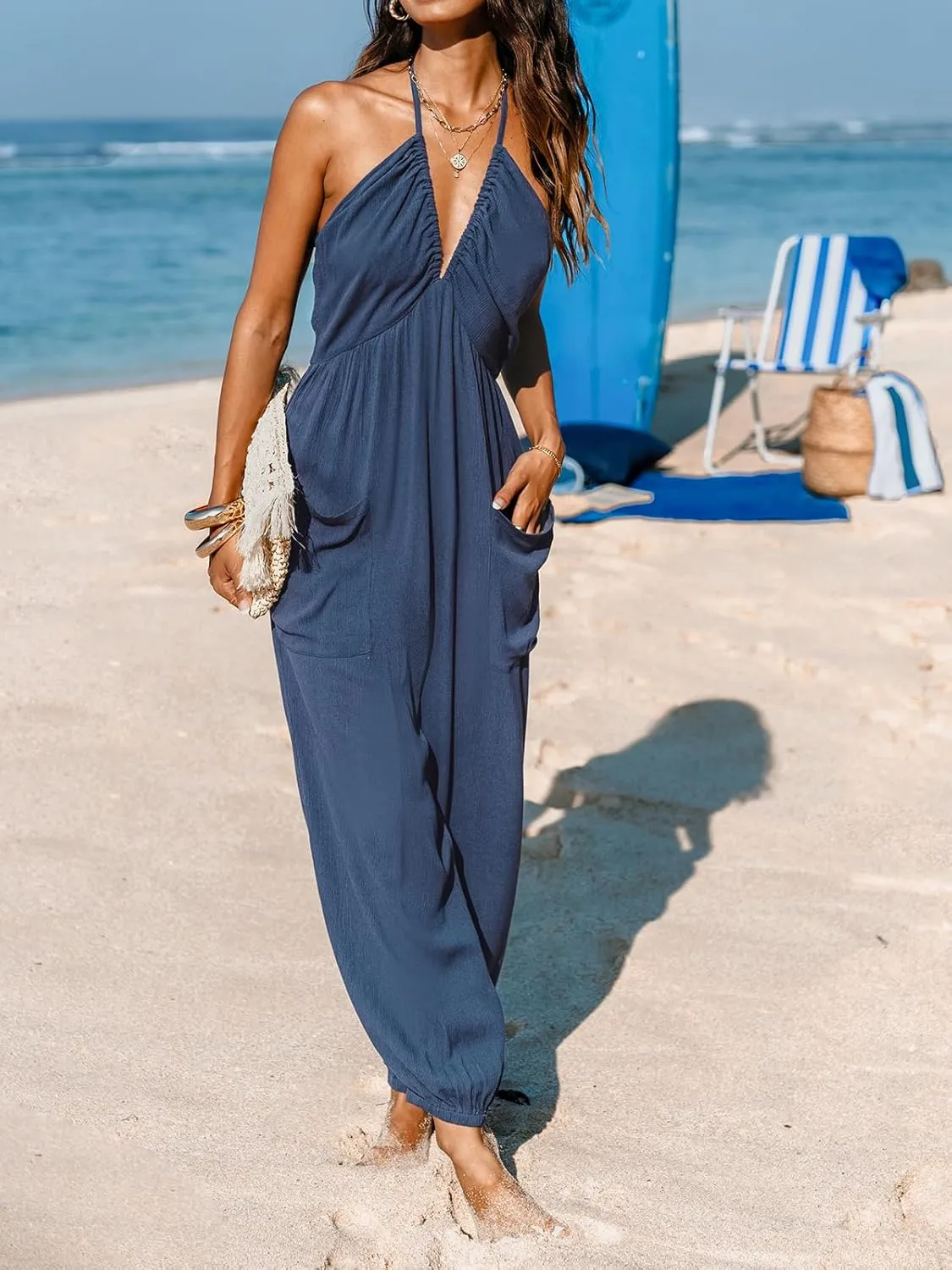 CUPSHE Women's Plunge Halter Sleeveless Pleated Long Romper Knit Jogger Maxi Jumpsuit with Pockets