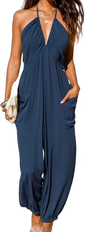 CUPSHE Women's Plunge Halter Sleeveless Pleated Long Romper Knit Jogger Maxi Jumpsuit with Pockets