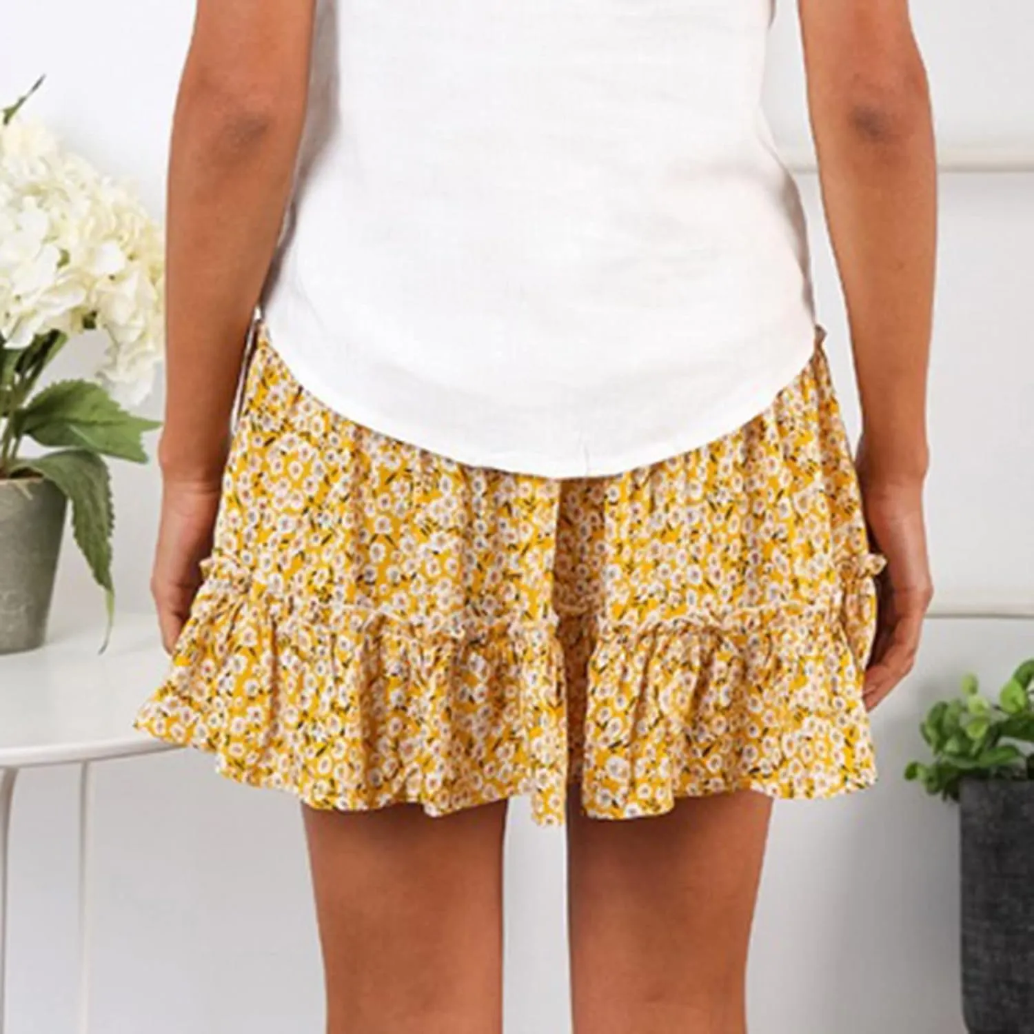 Cute Boho Floral Mini Skirt for Women Summer Drawstring High Waisted A-Line Skirts Layered Ruffle Casual Beach Skirt