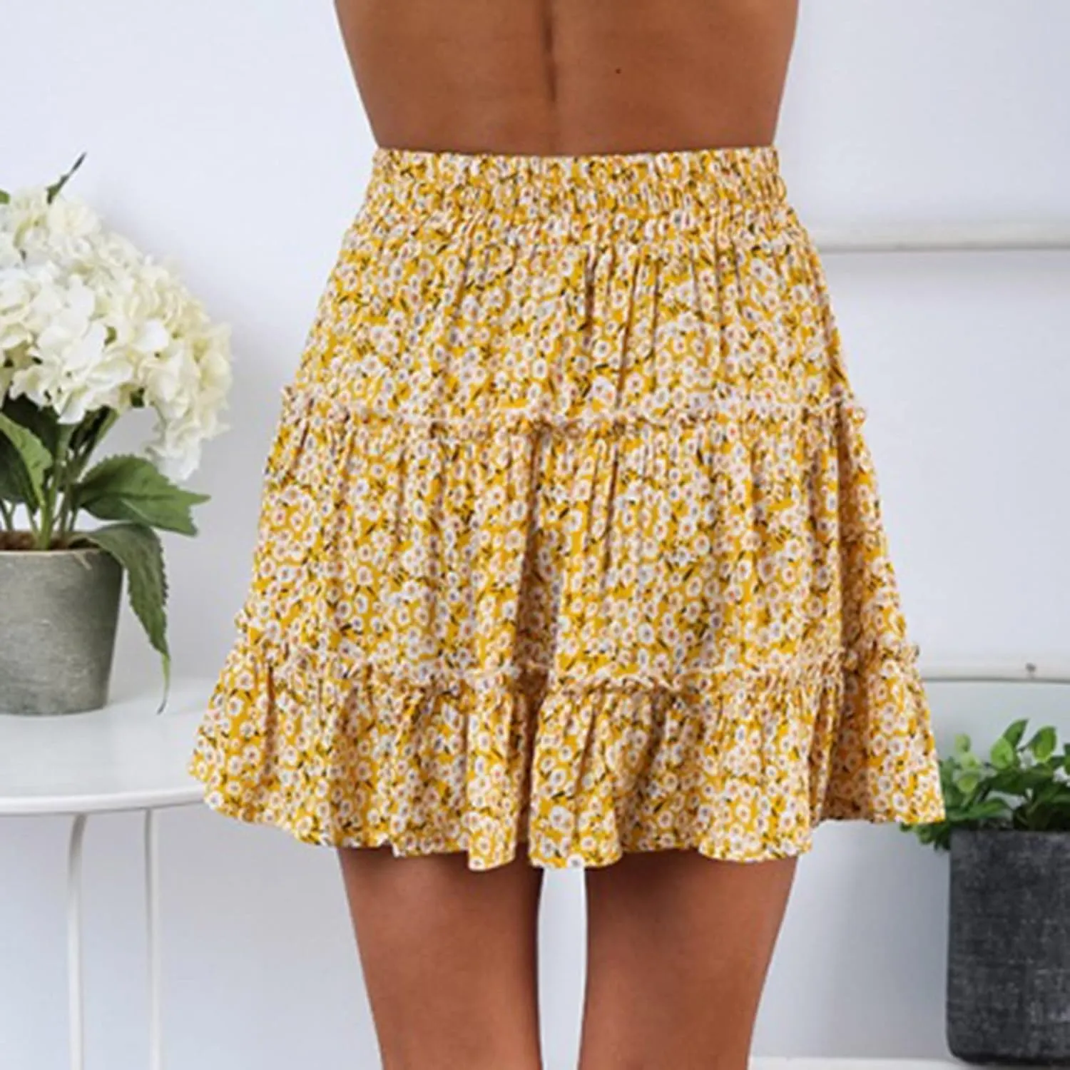 Cute Boho Floral Mini Skirt for Women Summer Drawstring High Waisted A-Line Skirts Layered Ruffle Casual Beach Skirt