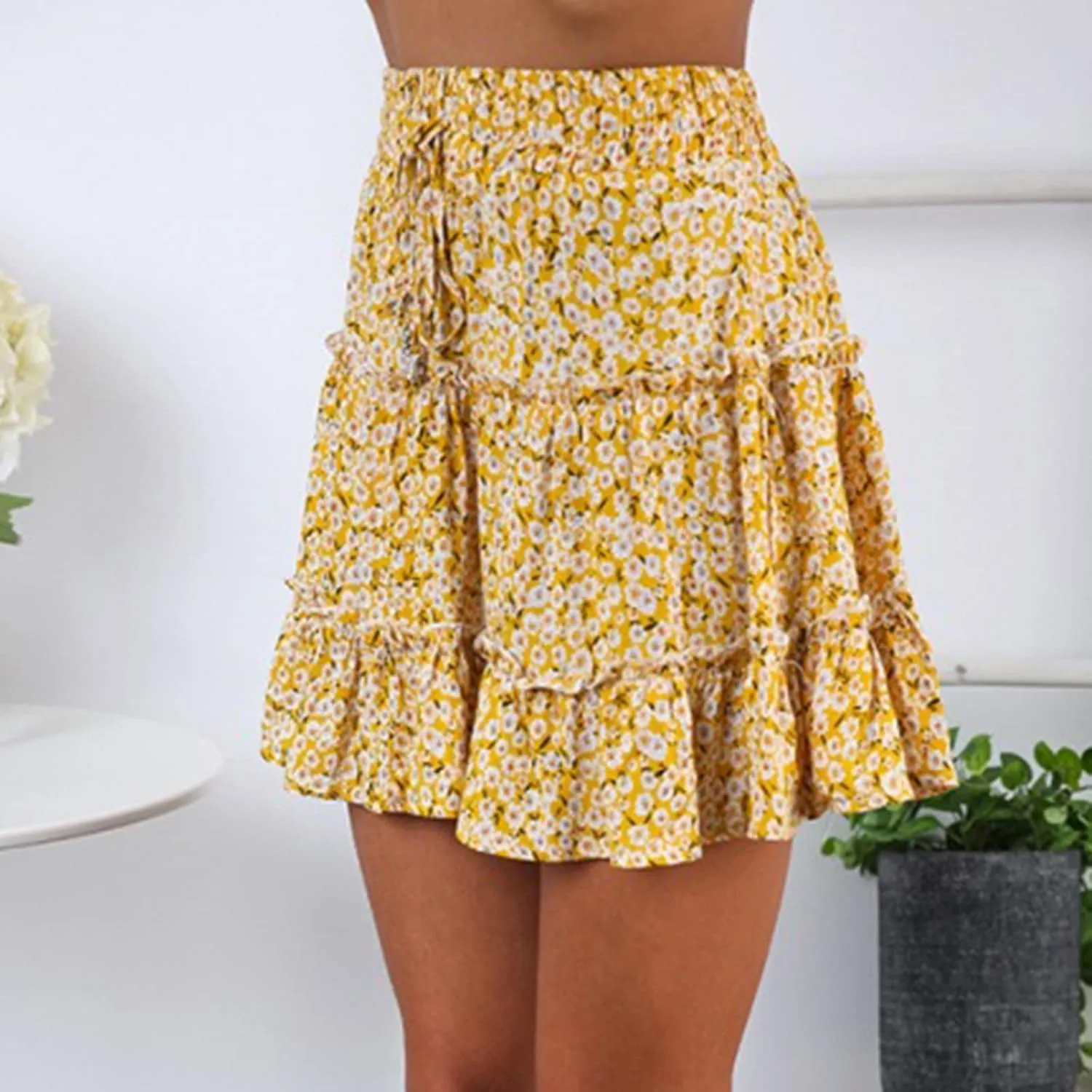 Cute Boho Floral Mini Skirt for Women Summer Drawstring High Waisted A-Line Skirts Layered Ruffle Casual Beach Skirt