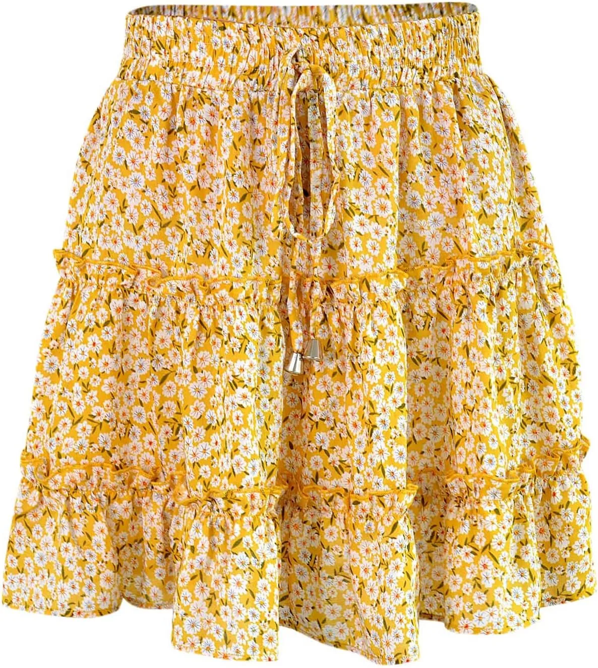 Cute Boho Floral Mini Skirt for Women Summer Drawstring High Waisted A-Line Skirts Layered Ruffle Casual Beach Skirt