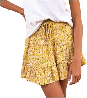 Cute Boho Floral Mini Skirt for Women Summer Drawstring High Waisted A-Line Skirts Layered Ruffle Casual Beach Skirt
