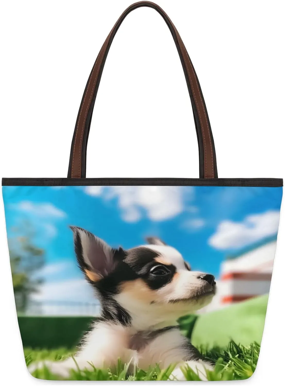 Cute Dog Meadow Tote Bag Multi Pocket Zippered Beach Bag Lightweight Waterproof Handbag