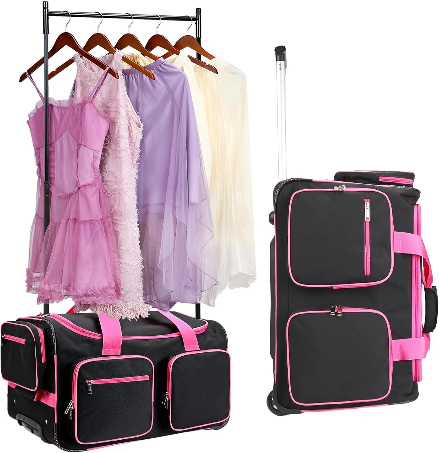 Dance Bag with Garment Rack, 23 Dance Costumes Duffle Bag with Wheels for Girls Rolling Garment Bag for Travel (Black)