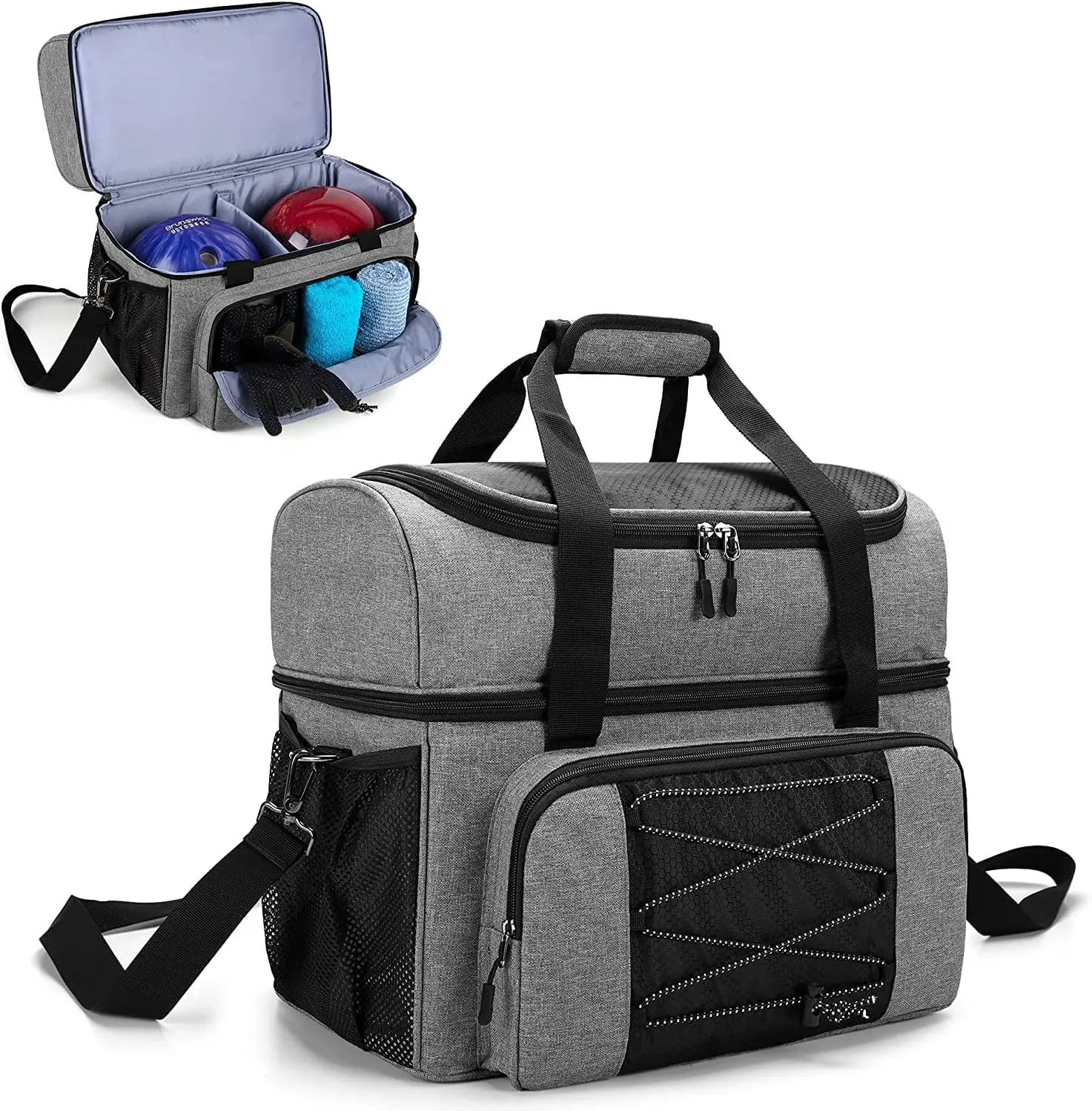 DODO DEER Bowling Bag for 2 Balls Bowling Tote with Wooden Bowling Cups and Padded Divider for Double Ball and One Pair of Bowling Shoes Up to Mens 16 and Extra Essentials, Bag Only