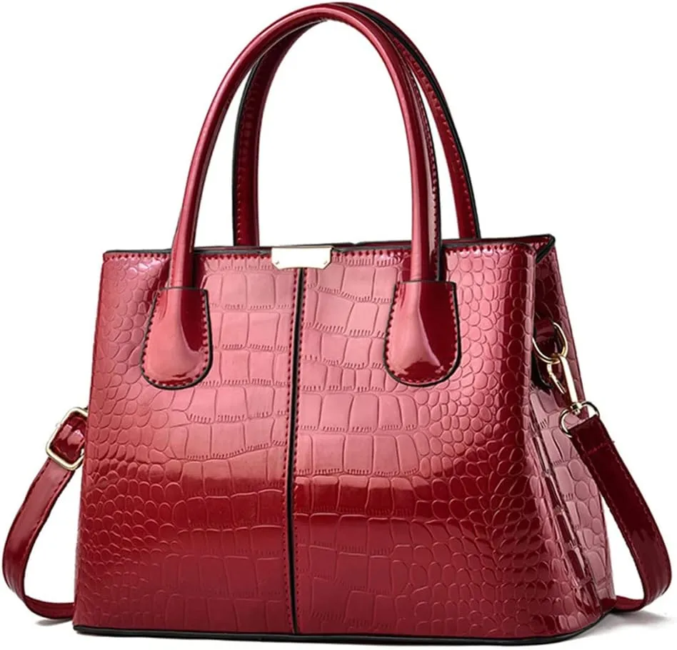 Downupdown Women Handbags Classic Top Handle Purse Shiny Patent Leather Crocodile Pattern Totes Stylish Satchel Shoulder Bag