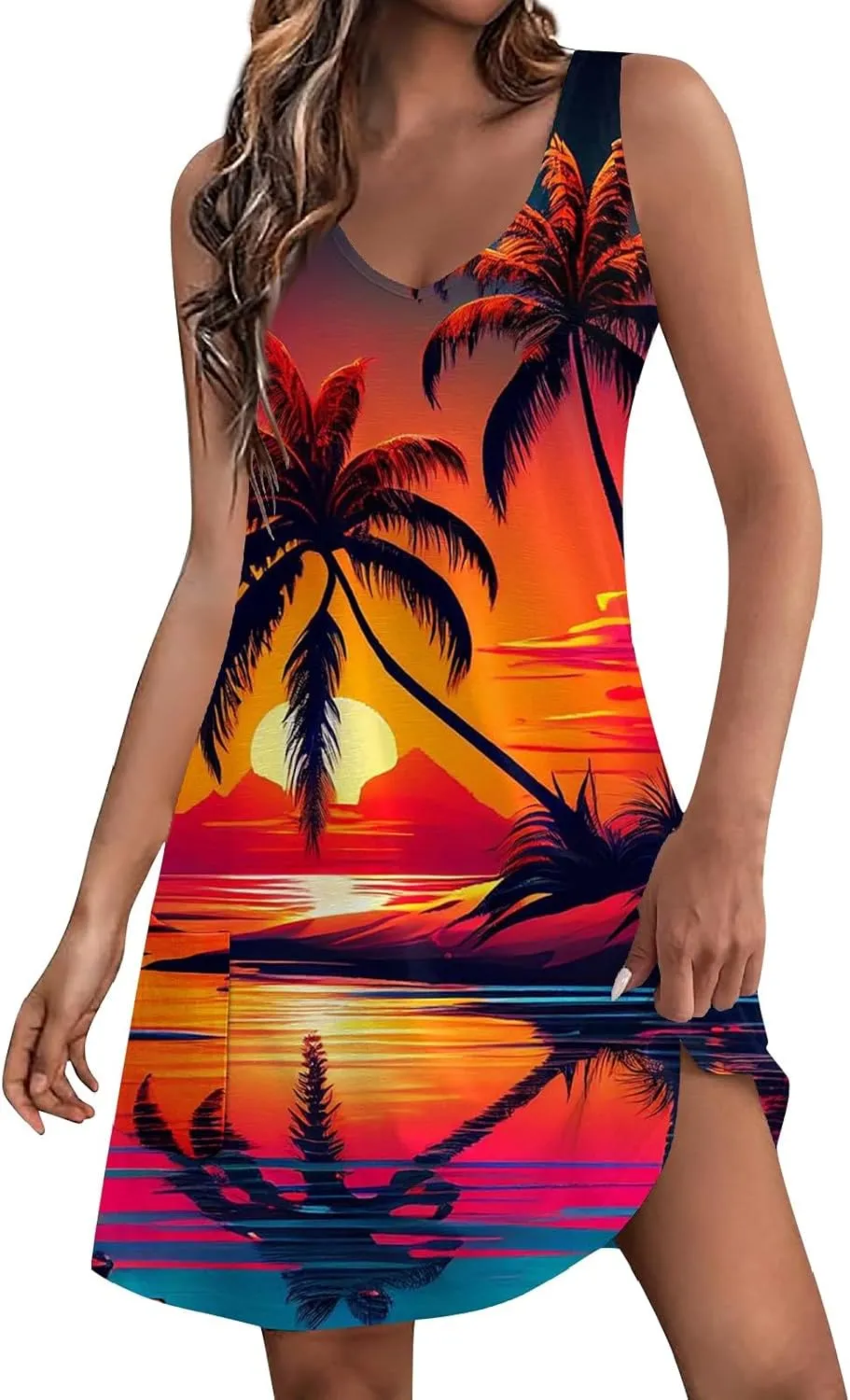 Dresses for Women 2024 Pockets Printed Tank Dresses Sleeveless V Neck Sundresses Trendy Elegant Mini Dresses