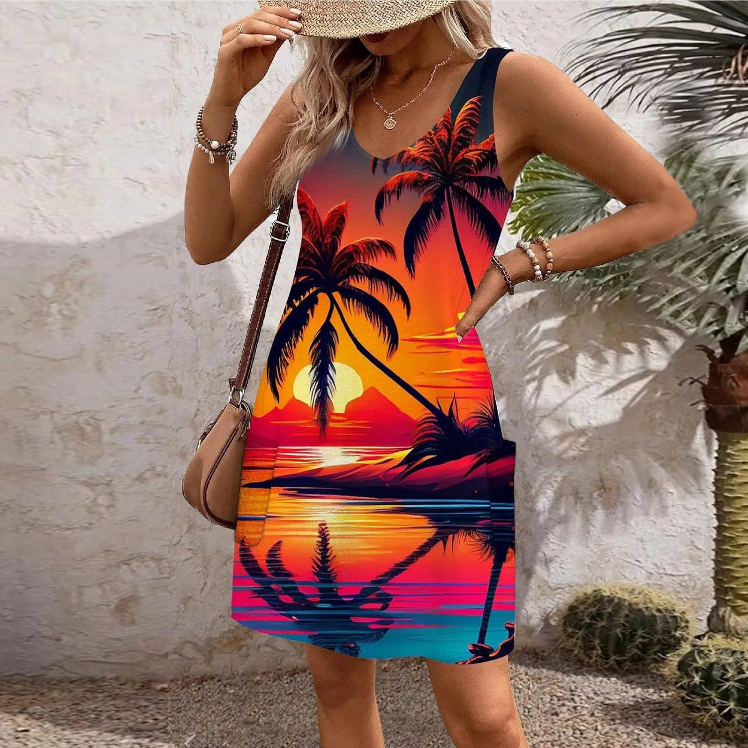 Dresses for Women 2024 Pockets Printed Tank Dresses Sleeveless V Neck Sundresses Trendy Elegant Mini Dresses
