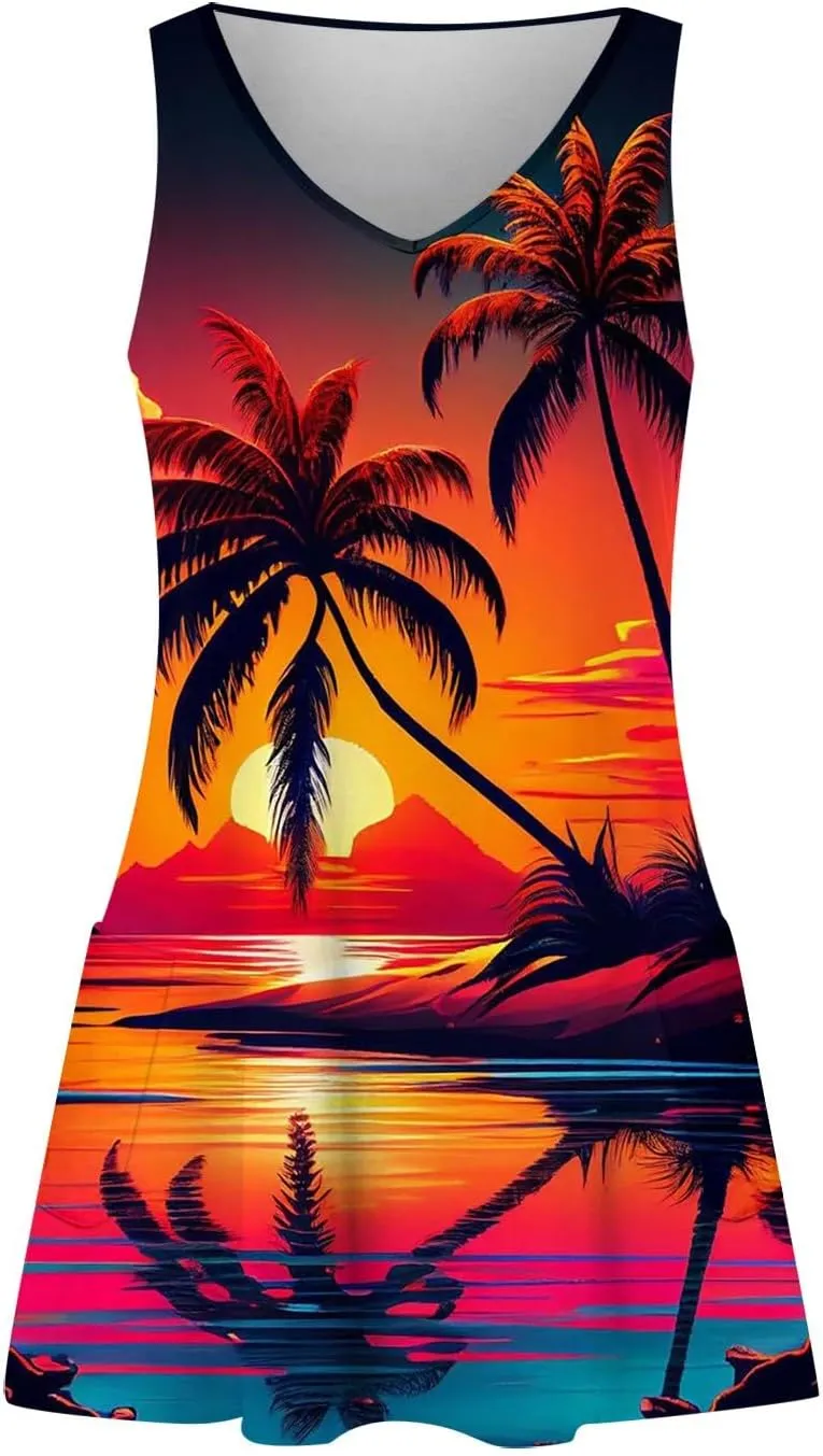 Dresses for Women 2024 Pockets Printed Tank Dresses Sleeveless V Neck Sundresses Trendy Elegant Mini Dresses