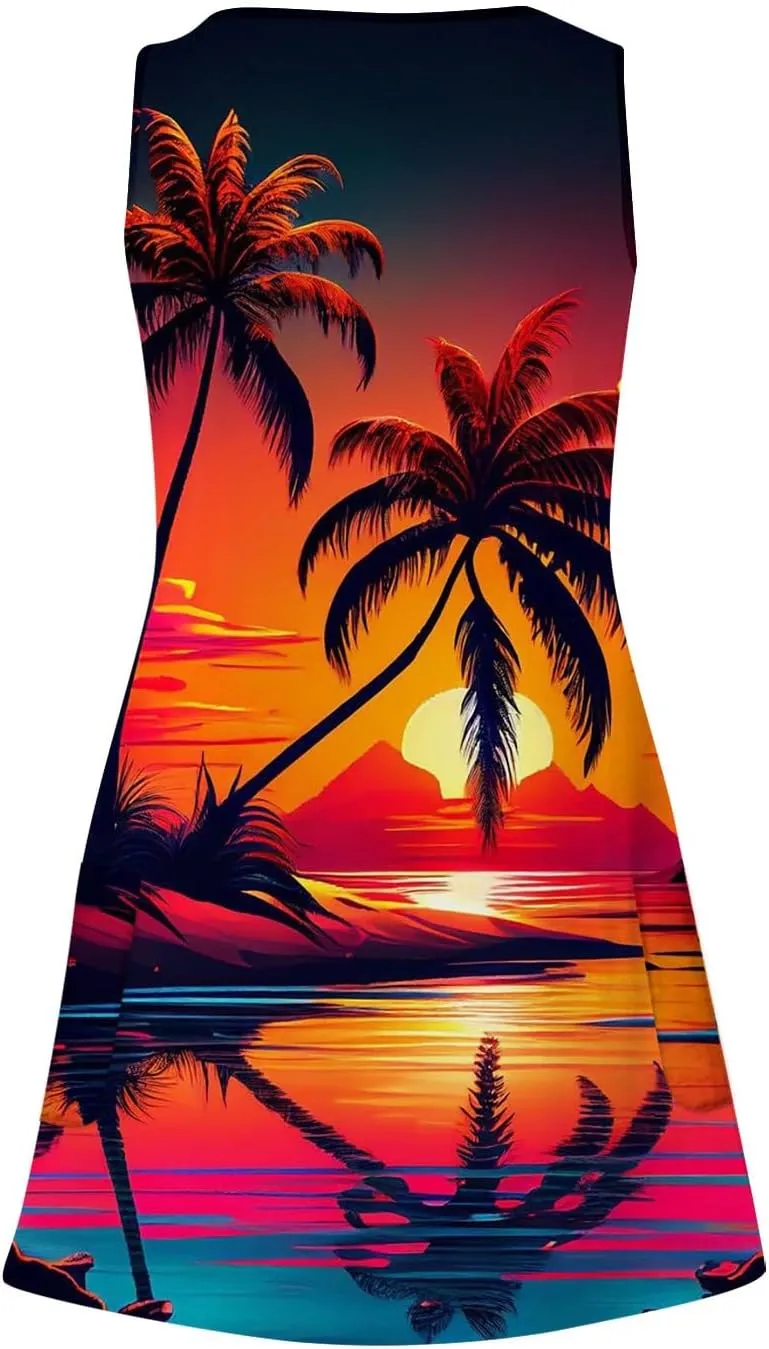 Dresses for Women 2024 Pockets Printed Tank Dresses Sleeveless V Neck Sundresses Trendy Elegant Mini Dresses