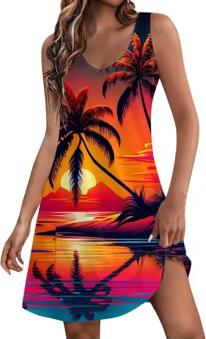 Dresses for Women 2024 Pockets Printed Tank Dresses Sleeveless V Neck Sundresses Trendy Elegant Mini Dresses