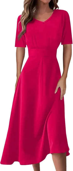 Dresses for Women 2024 Printing Short Sleeve Maxi Dresses A-Line Swing Dress Waist V Neck Comfy Beach Dress