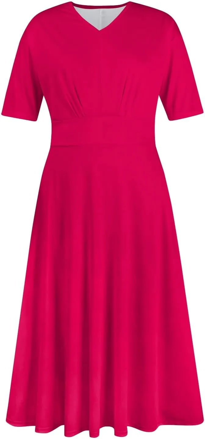 Dresses for Women 2024 Printing Short Sleeve Maxi Dresses A-Line Swing Dress Waist V Neck Comfy Beach Dress