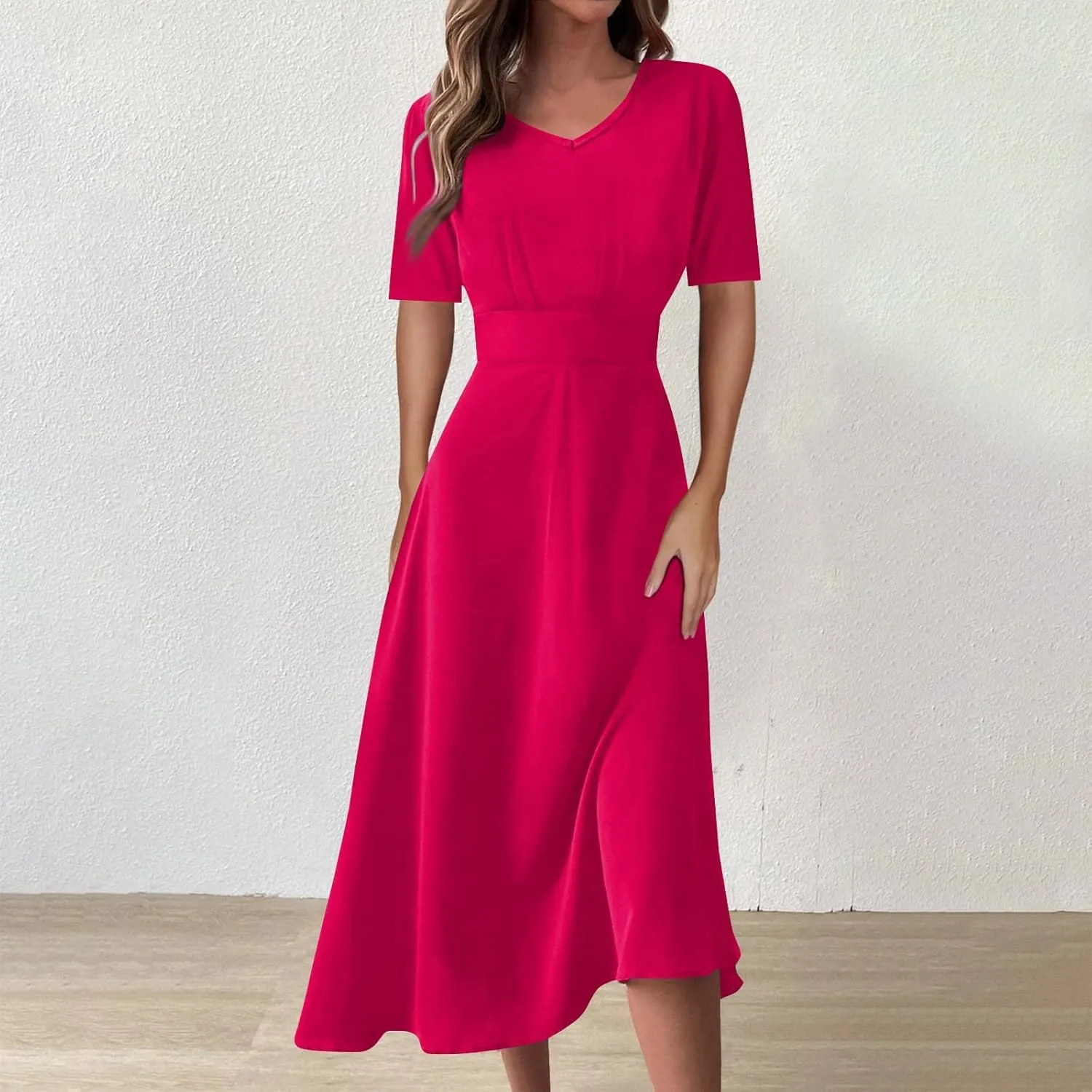 Dresses for Women 2024 Printing Short Sleeve Maxi Dresses A-Line Swing Dress Waist V Neck Comfy Beach Dress