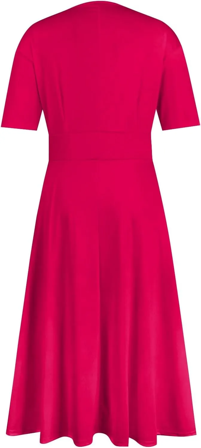Dresses for Women 2024 Printing Short Sleeve Maxi Dresses A-Line Swing Dress Waist V Neck Comfy Beach Dress