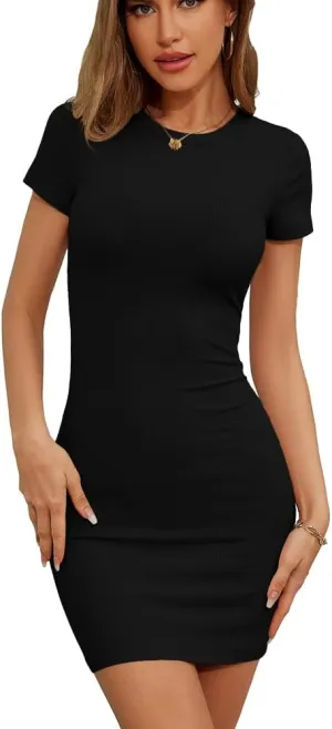 Dressmine Women's Summer Bodycon Midi Dress Sexy Short Sleeve Mini Dresses Casual Ribbed Slim Fit Round Neck Party Dress