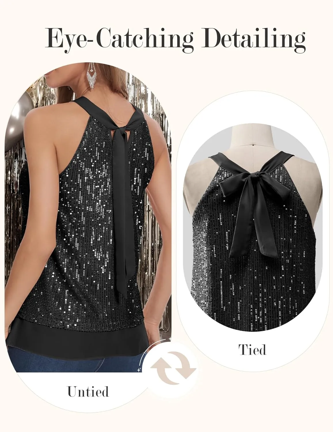 DRESSTELLS Sequin Halter Tops for Women Sleeveless Sparkly Shiny Tank Tops Bow Flowy Sparkly Club Outfits Party Shirt