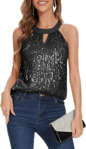 DRESSTELLS Sequin Halter Tops for Women Sleeveless Sparkly Shiny Tank Tops Bow Flowy Sparkly Club Outfits Party Shirt