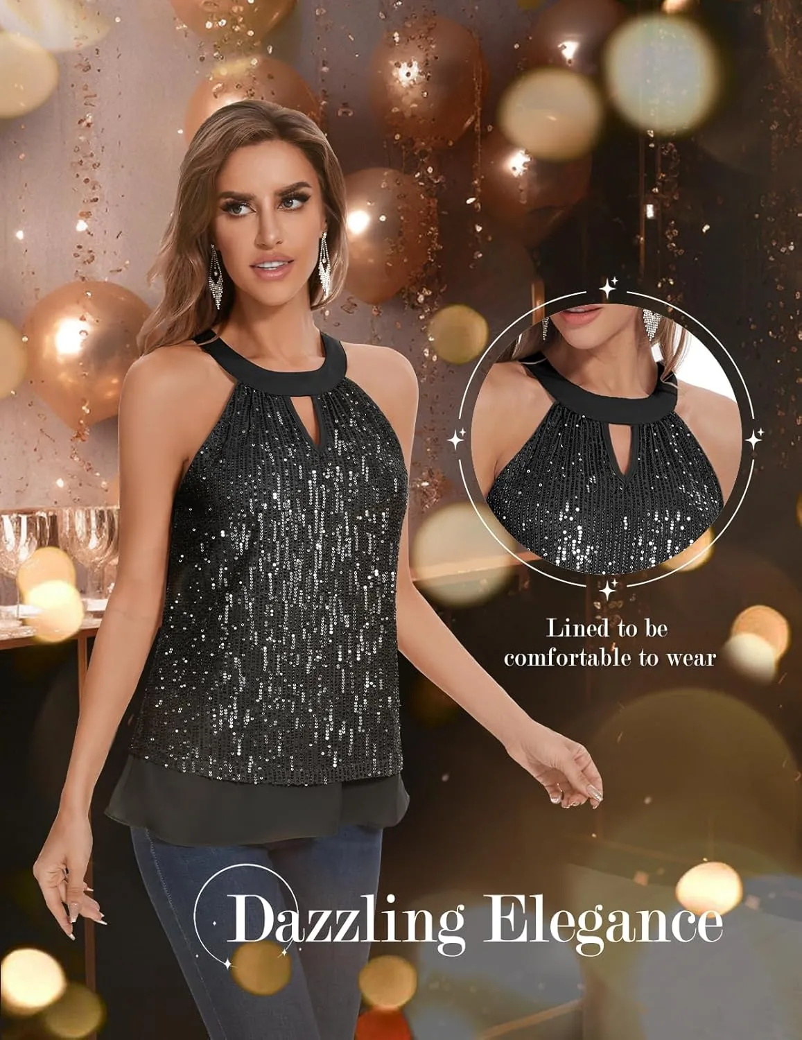DRESSTELLS Sequin Halter Tops for Women Sleeveless Sparkly Shiny Tank Tops Bow Flowy Sparkly Club Outfits Party Shirt
