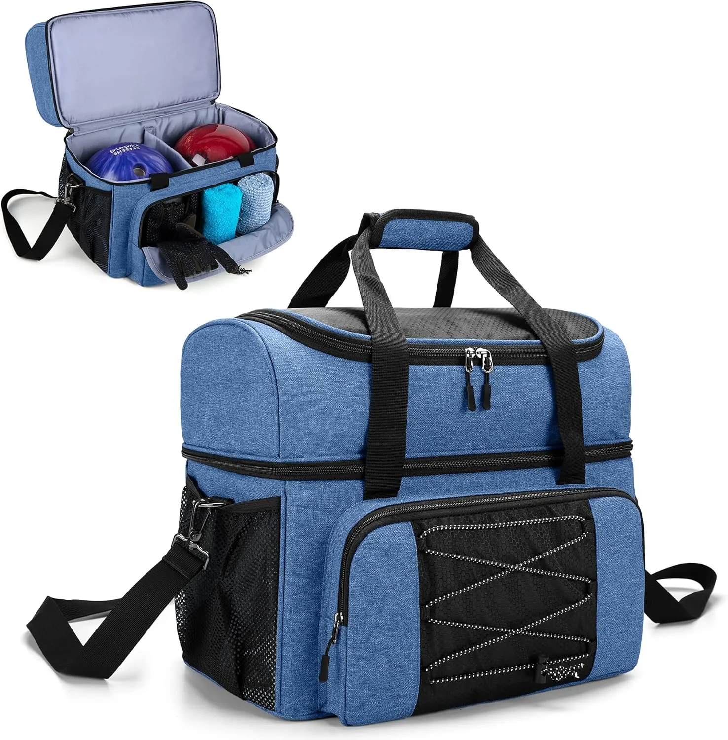 DSLEAF Bowling Bag for 2 Balls, Bowling Tote with Wooden Bowling Cups and Padded Divider for Double Ball and A Pair of Bowling Shoes Up to Mens 16 and Extra Essentials (Patent Design), Bag Only